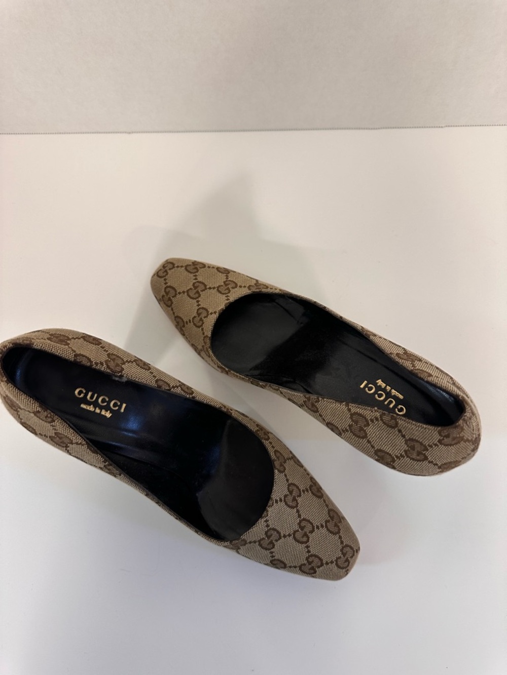 Gucci Beige Brown GG Canvas Pointed Toe Flats